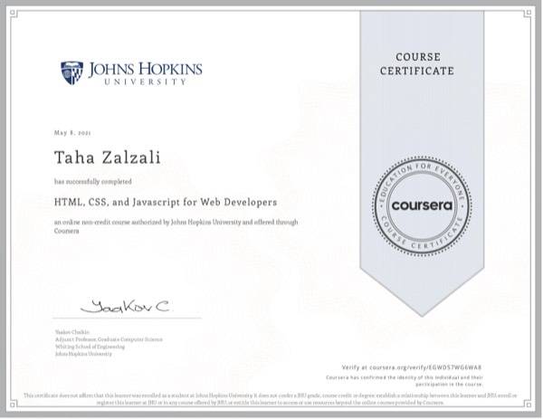 Certificate: HTML, CSS, and Javascript for Web Developers